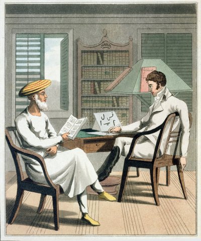 Egy európai úriember a holdudvarával, vagyis a nyelvek bennszülött professzorával, 1. tábla az 1813-ban megjelent "The European in India" című kötetből (kézzel színezett akvatinta). alkotó: Charles d Oyly